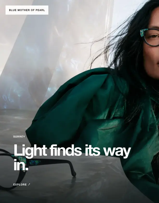 Surrey blue pearl eyewear campaign in a luminous nacre world