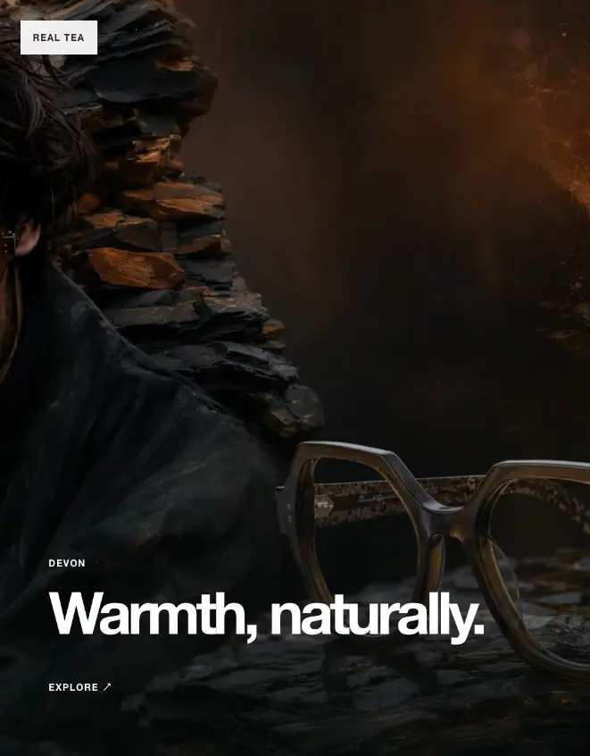 Devon eyewear campaign in an amber geological landscape